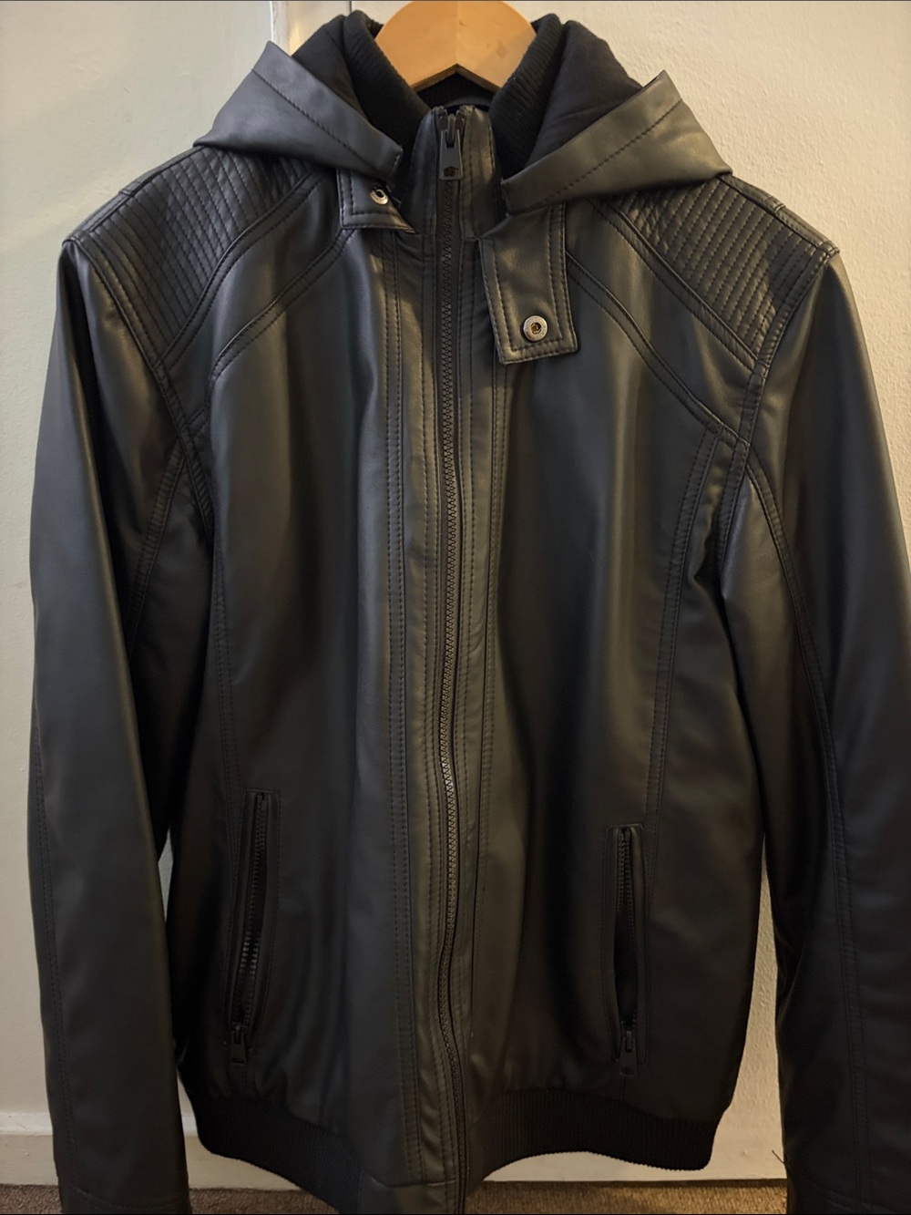 INC International Concepts Black Faux Leather Hooded Bomber Jacket